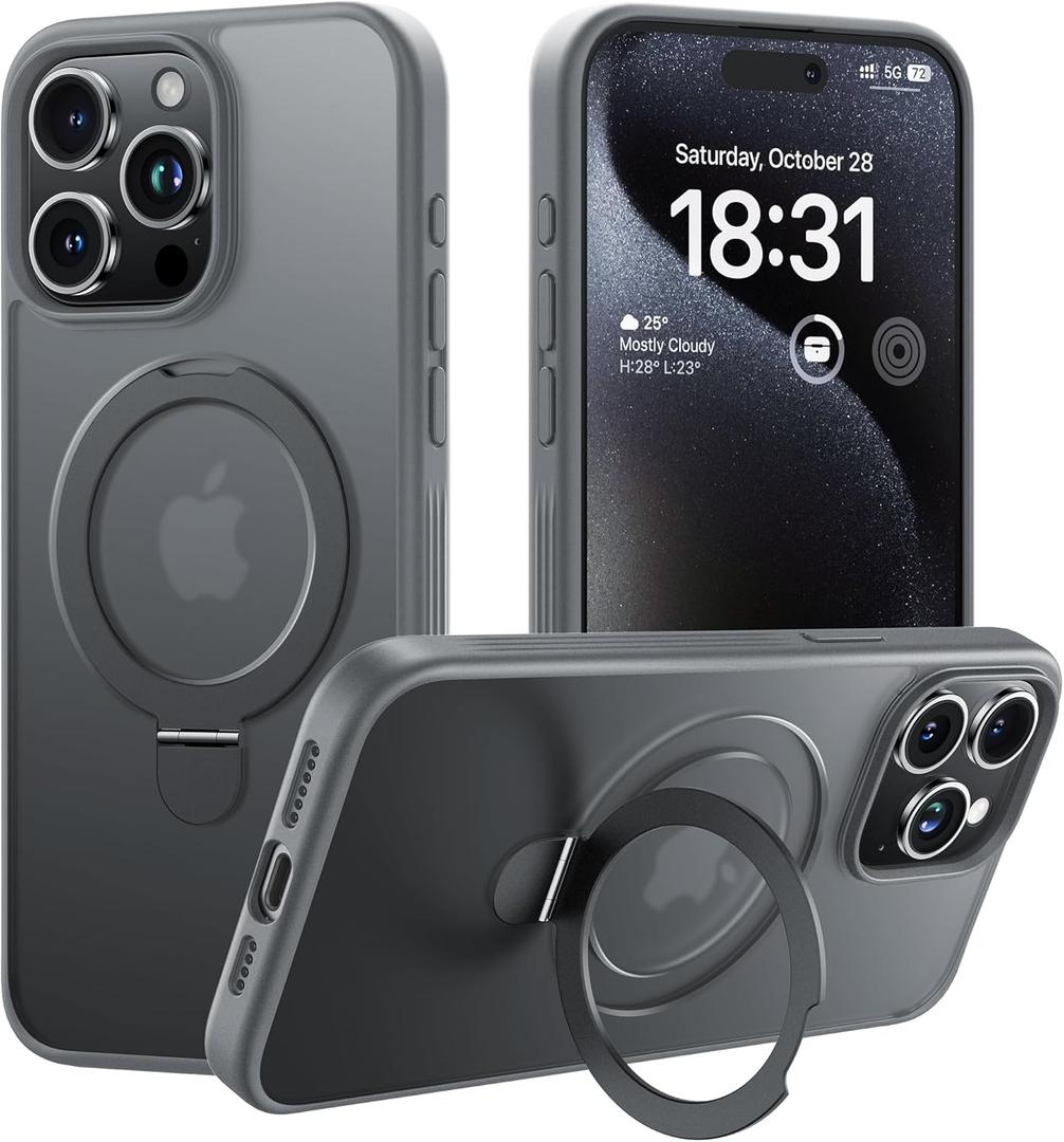 ImpactStrong Magnetic Guard for iPhone 15 Pro Max Case with Stand [Military Drop Protection] [for MagSafe Charging] Shockproof Translucent Matte Phone Cover, Gray