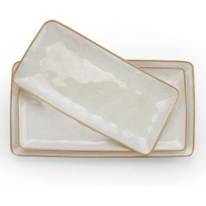 famiware Serving Platter, Rectangular 15.67/14.1/12.6 inch Serving Dishes for Entertaining, Microwave Dishwasher Safe, Stonware Serving Trays for Party, Turkey, Cheese, Ocean Series, Cappuccino White