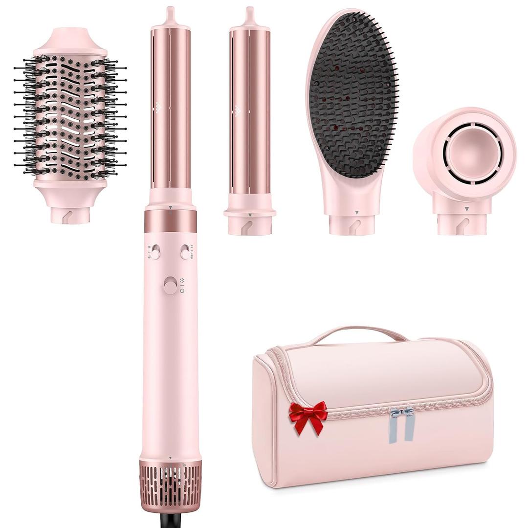 Dual Voltage Hair Dryer Brush - 5 in 1 Hair Air Wrap Styler with High-Speed Blow Dryer, Drying, Straightening & Volumizing with Negative Ion Anti-frizz for 110V-120V/220V-240V Europe and Travel Case (Pink)