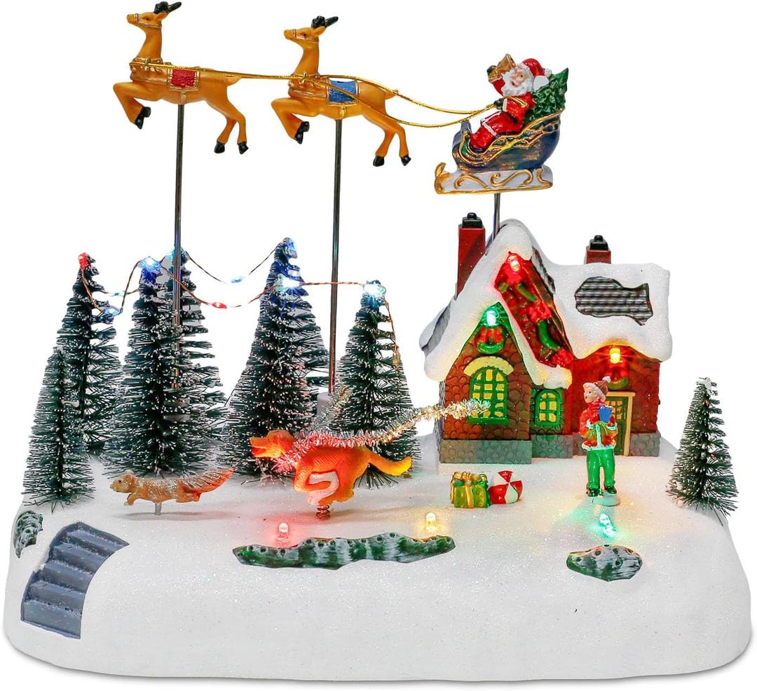 innodept12 Animated Christmas Village with Santa Sleigh and Reindeer, LED Lighted House Village with Moving Figurines, Musical Indoor Christmas Decoration, Holiday Collectible Display Scene