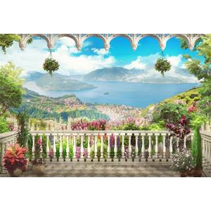 AOFOTO 8x6ft Retro Garden Terrace Backdrop Beautiful Balcony Scenery Photography Background Vintage Archway Landscape Girl Bride Portrait Seascape Romantic Wedding Photo Studio Props Vinyl Wallpaper