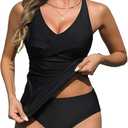 Yonique Tankini Swimsuits for Women Tummy Control Bathing Suits Two Piece Tankini Tops with Bikini Bottoms Twist Swimwear (Large, Black)
