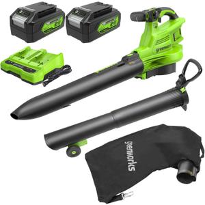 Greenworks 48V (24V x 2) Cordless Brushless Leaf Blower/Vacuum (520 CFM / 240 MPH) with Bag, Powerful & Efficient for Yard Debris Cleanup, Includes (2) 4.0Ah Battery & Dual Port Charger