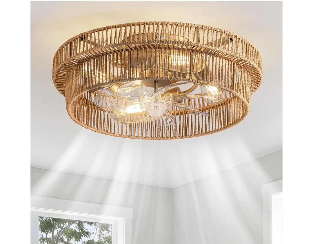 Rattan Boho Ceiling Fan with Light Flush Mount, 20 Inch Caged Ceiling Fans with Light and Remote Control, Low Profile Enclosed 6 Speeds for Bedroom, Nursery, Living Room, E26 Base (Brown)