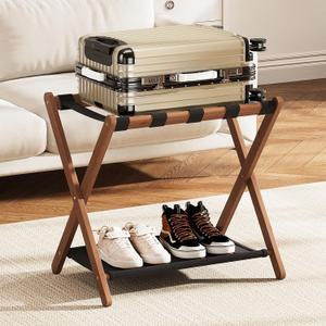 Fully Assembled Luggage Rack, Walnut Luggage Rack for Guest Room, Bamboo Folding Suitcase Stand with Storage Shelf, 5 Nylon Straps, Luggage Holder for Bedroom Hotel, 26.77"W x 16.93"D x 22.5"H, 1 Pack