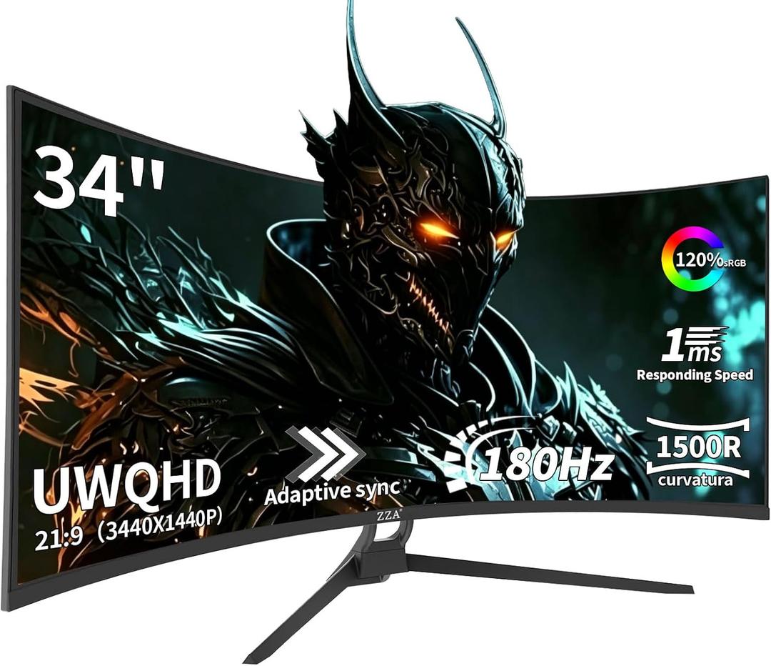 ZZA 34 Inch Curved Monitor Ultrawide 180HZ|165Hz, WQHD 3440x1440 (21:9) 1500R, 1ms (OD), HDR10 300nits, 120% sRGB, FreeSync & G-Sync, PIP/PBP, HDMI 2.1 x2 / DP 1.4 x2, VESA Mount Compatible