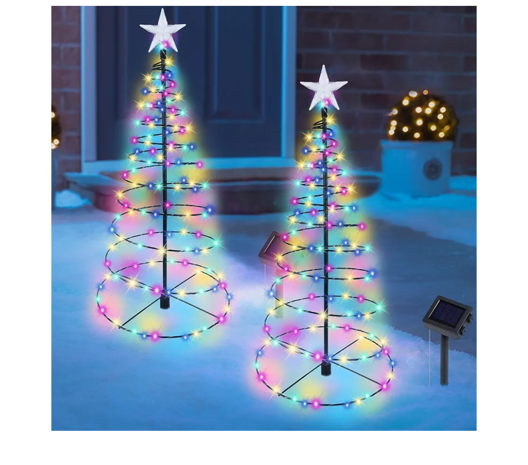 Dynaming 2 Pack Solar Spiral Christmas Trees with Multicolor Lights, 26" Outdoor Light Up Xmas Pathway Markers with Stake, Auto On/Off & Waterproof Lights for Winter Patio Yard Walkway Driveway Decor