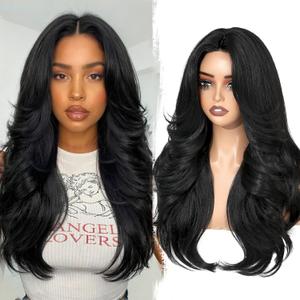 WIGER Wavy Layered Wig Pre Cut Middle Part Curly Wig with Curtain Bangs Light Yaki Glueless Synthetic Wigs for Women Heat Resistant Fiber Daily Party Cosplay Costume, Black
