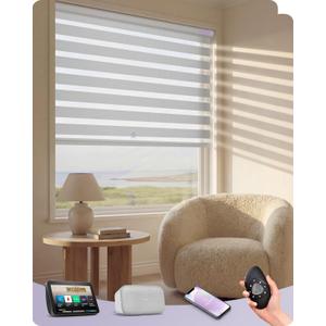 Graywind Motorized Zebra Sheer Blinds Compatible with Alexa Horizontal Light Filtering Window Shades Remote Roller Blinds with Valance for Smart Home and Office, Customized Size (Luxury Silver White)