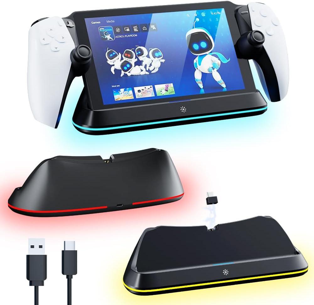 HONCAM Charging Stand for PlayStation Portal,PS Portal Stand with 7 RGB Light Modes, Portable Dock Station with Magnetic Connector and USB-C Charging Cable, Black