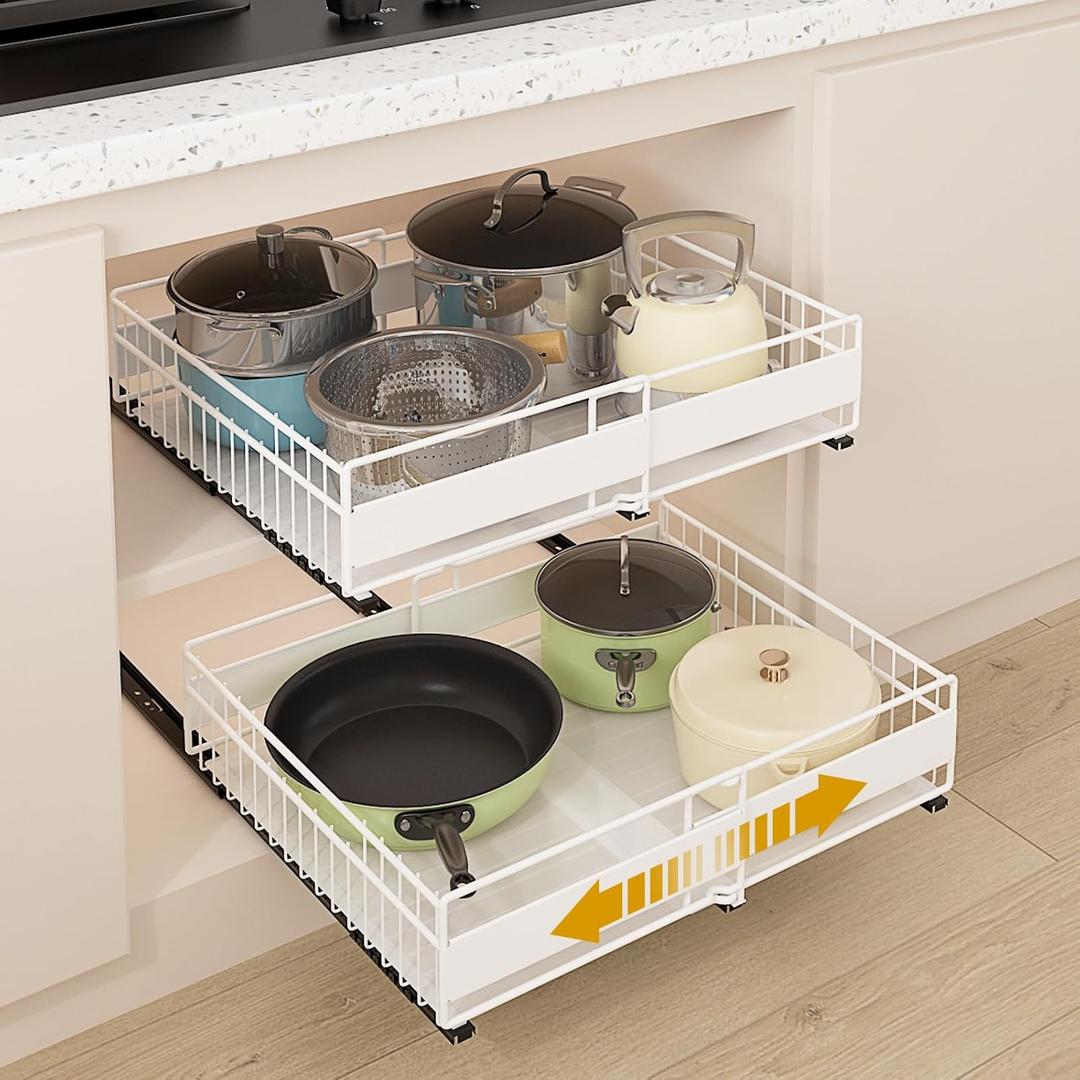 REALINN 2 Pack Pull Out Cabinet Organizer, Expandable(12"-20") Slide Out Drawers 3 Slide Rails Fix with Adhesive or Screw, Roll Out Shelves for Kitchen Cabinet Organization, White, 12cm height