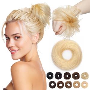 MY-LADY Messy Bun Hair Pieces Human Hair for Women Real Hairpiece Straight Scrunchies Tousled Updo Donut Chignon Ponytail Extension Platinum Blonde