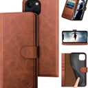 DuckSky for iPhone 14 Plus 6.7" Genuine Leather Wallet caseRFID Blocking4 Credit Card HolderReal LeatherFlip Folio Book Phone case Protective Cover Women Men for Apple 14Plus 5G case Light Brown