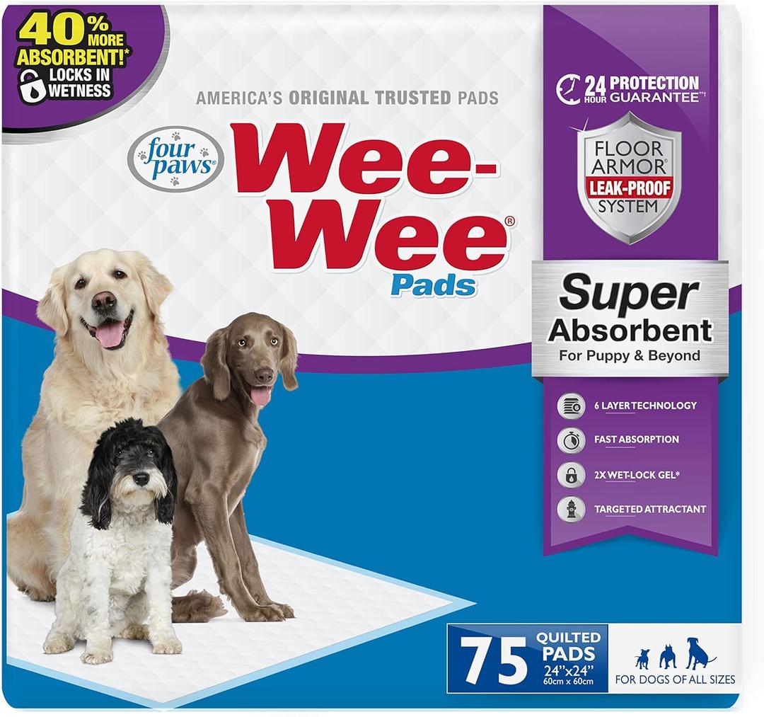 Four Paws Wee-Wee Super Absorbent Unscented Pee Pads for Dogs & Puppies with Insta-Rise Border, Leak-Proof Dog Housebreaking Potty Training Floor Protection, 24" x 24", 75 Count(White)