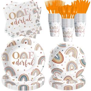 2 x Boho Rainbow 1st Birthday Decorations Tableware - Boho First Birthday Party Supplies, Paper Onederful Plate, Napkin, Cup, Disposable Cutlery | 24 Guests