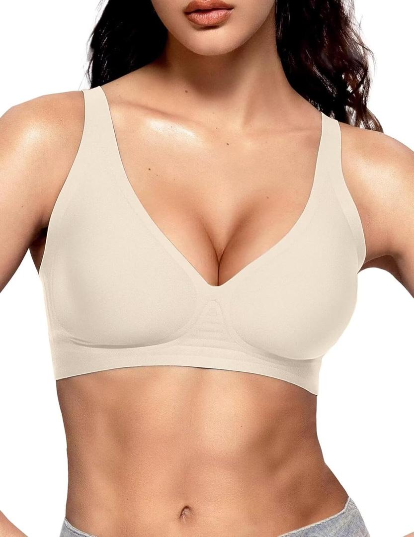 Vertvie Jelly Wireless Bras for Women Push Up Plunge Seamless T-Shirt Bras No Underwire Supportive Full Coverage Bralettes (Medium, Cream Beige)