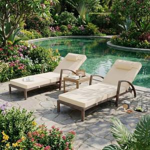 Garvee Outdoor Chaise Lounge Set of 2, 5-Position Adjustable PE Wicker Reclining Chairs with Wheels & 3.5" Cushions, 400 lbs Capacity All-Weather Patio Furniture for Poolside, Garden, Beach(Beige), 2pcs