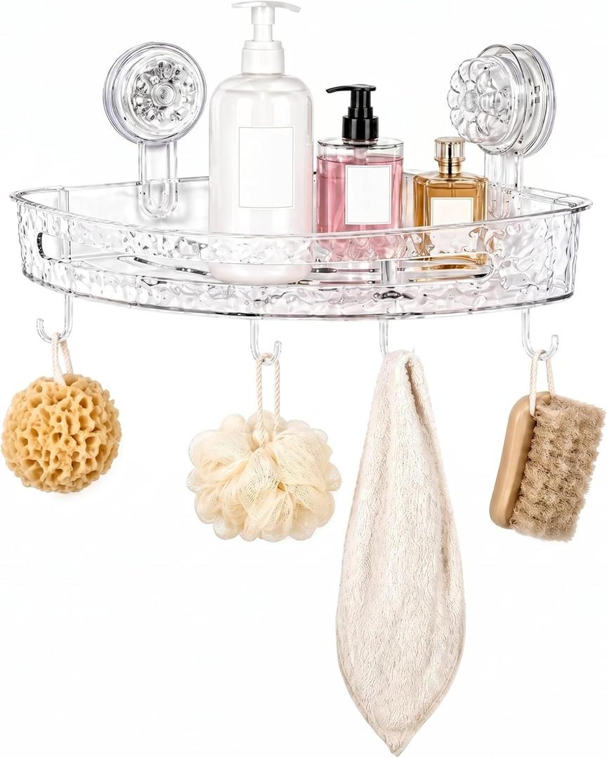 Corner Shower Caddy with Strong Suction Cups, No-Drill 90 Corner Shower Organizer with Hooks, Removable Wall Mounted Shelf for Tile, Glass & Metal (White/Clear)