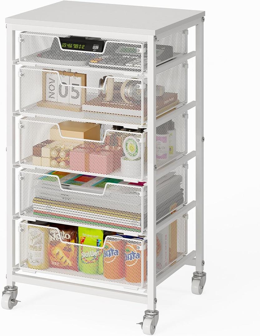 Utility Cart with 5 Drawers, Rolling Storage Cart with Wooden Tabletop and Lockable Wheels, Storage Drawer Cart with Drawers, Craft Cart for Bedroom, Classroom, Home, Office, White