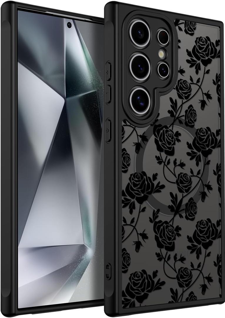 SEXYMOM Magnetic for Samsung Galaxy S24 Ultra Case - Wireless Charging Compatible,Cute Floral Design for Women and Girls,Slim Fit Translucent Matte Phone Case - Roses