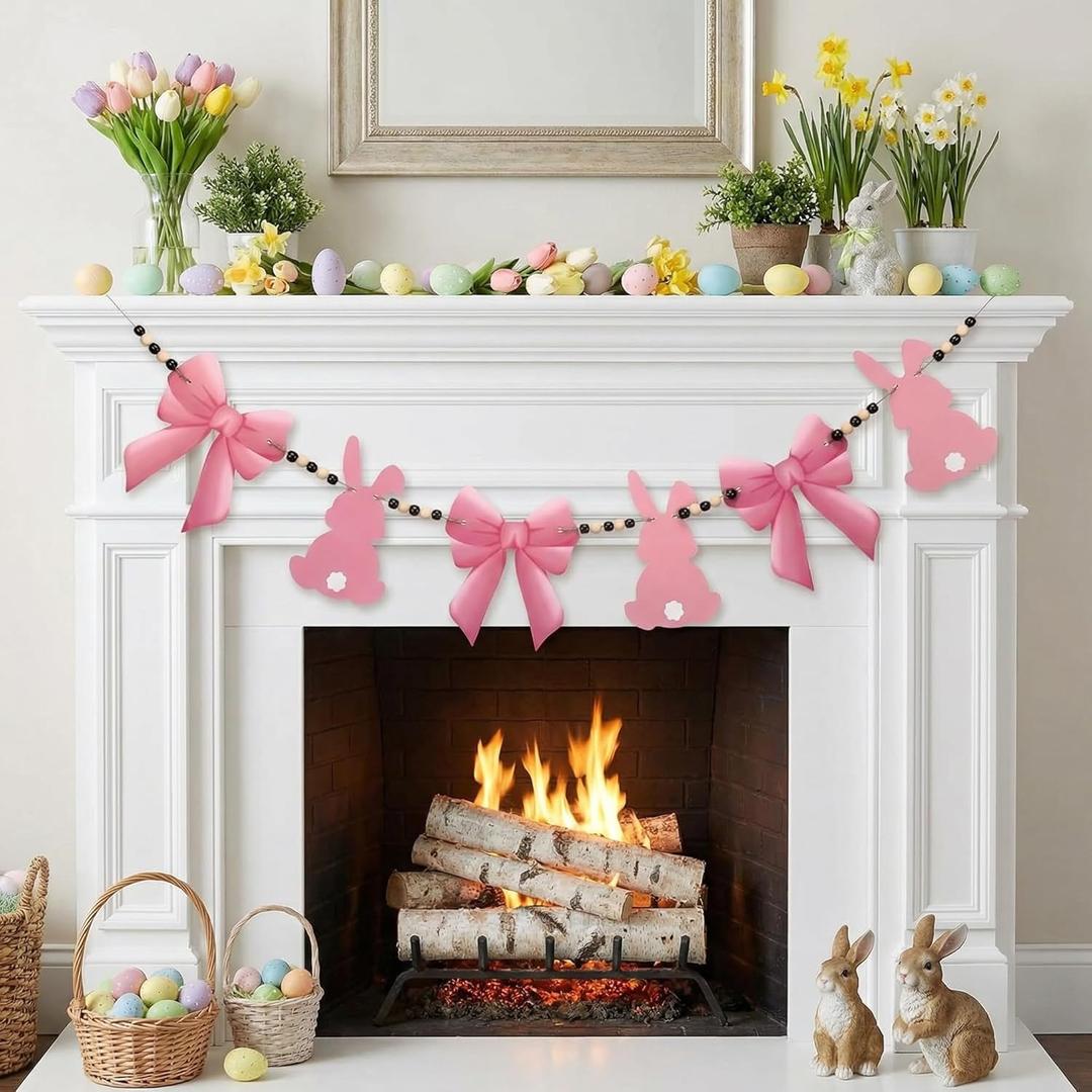 Leinuosen Easter Bunny Garland Wooden Bunny Banner with Beads for Mantle Coquette Bow Rabbit Garland for Fireplace Window Hanging Decoration Spring Home Decor