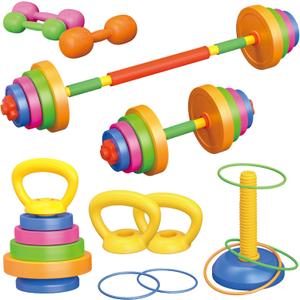 6-in-1 Kids Weight Set- Dumbbell, Barbell, Kettlebell, Ring. Adjustable Workout Equipment Toy for Children Pretend Kids Exercise Equipment, Toddler Weights Gym Workout Bench Set Gift for Baby Boy Girl