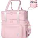 NOL Natural Organic Lifestyle Insulated Lunch Bag for Women/Men, Large Double-layer Expandable Leakproof Lunch Cooler Bag, Lunch Tote Bag With Side Tissue Pocket for Office Travel Picnic (Pink)