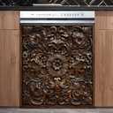 Dishwasher Cover Sticker 23x26 Inch, Rustic Dark Wood Carved Floral Relief Pattern Vinyl Decal, Waterproof Removable Dishwasher Door Wrap for Kitchen Appliance Decor(Brown), 23 inches x 25.5 inches