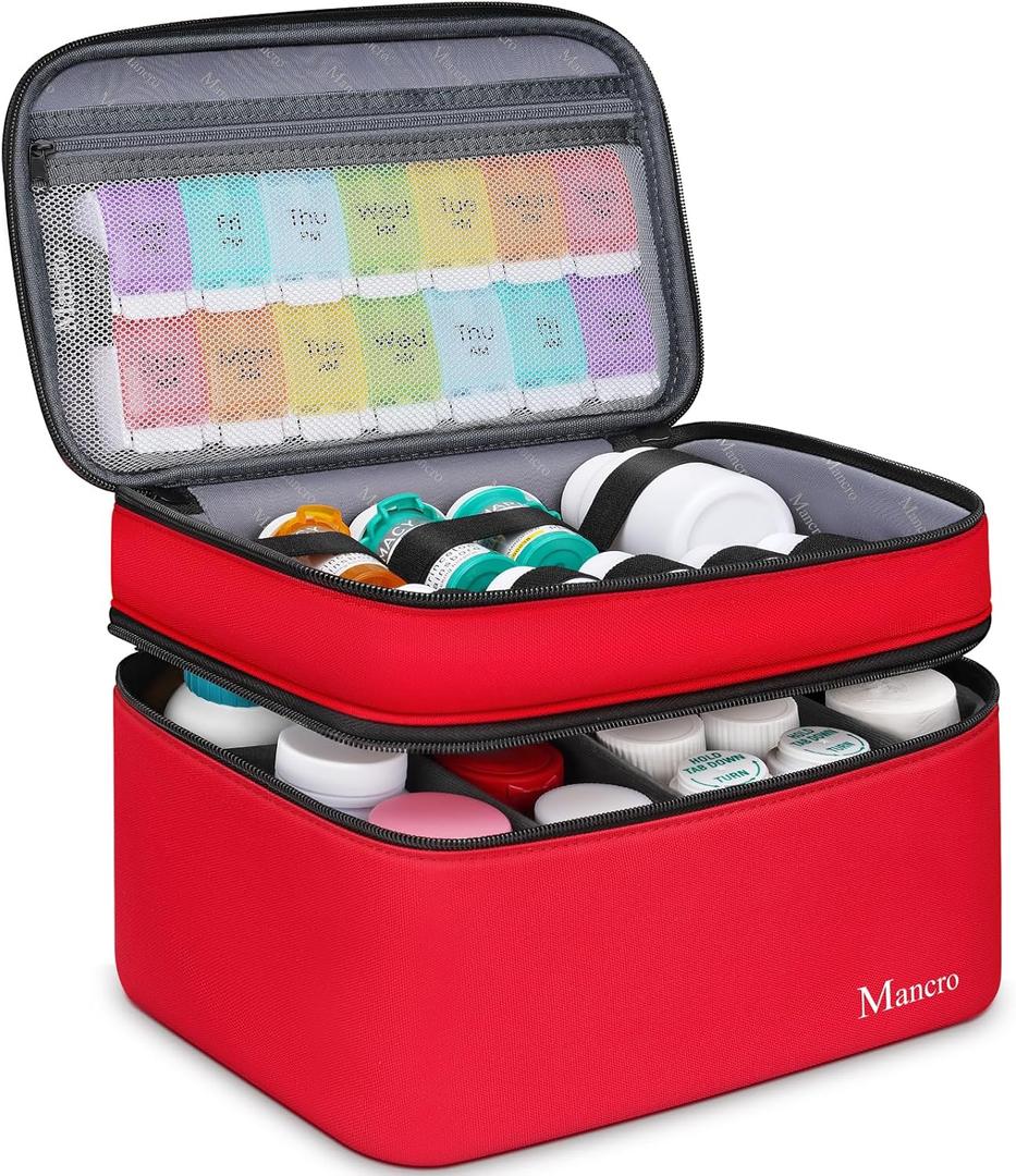 Mancro Dual Layers Medicine Organizer Bag, Pill Bottle Organizer Storage with Lockable Zipper, Medication Travel Bag for Pills, Vitamins, Medical Supplies for Home Storage, Travel (Standard, Red)