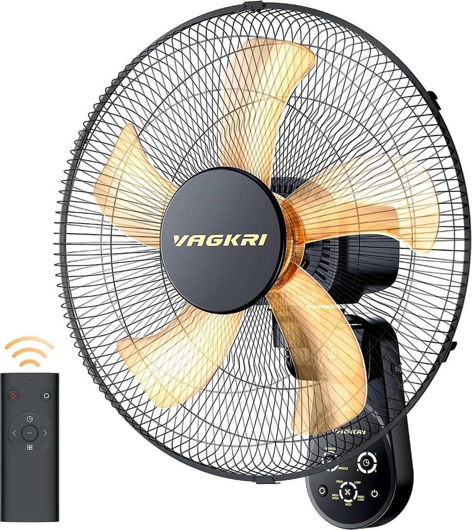 VAGKRI Wall Mount Fan, 16 Inch Wall Fans with 5 Blades, 5 Speeds, 8 Hour Timer, 90 Oscillating Quiet Fan with Remote for Home Office Bedroom Living Room Garage (Black)