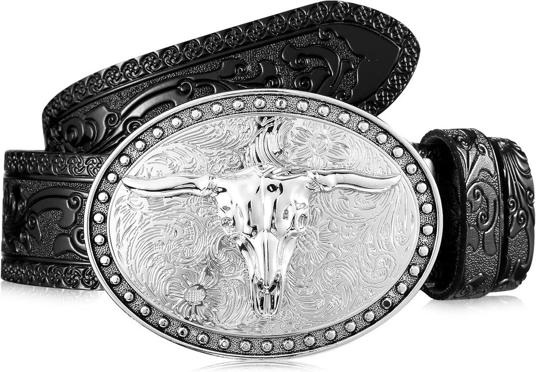Xuniea Western Belt for Men Longhorn Cowboy Leather Buckle Belt Floral Engraved (45 Inch, Black)
