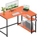 Pamray 43 Inch L Shaped Computer Desk with Reversible Side Storage Shelves, Small Corner Desk for Small Space Home Office,Writing Study PC Table for Bedroom,Orange