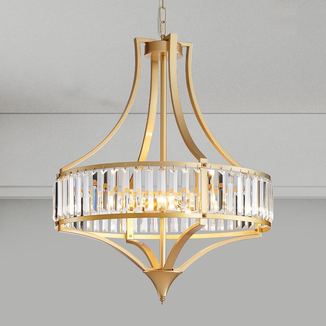 21.6" Crystal Chandeliers for Dining Room Modern Gold Chandelier with Round Metal Shade 6-Light Large Dining Room Light Fixture for Kitchen, Dining Room, Hallway, Bedroom, Foyer