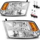 Headlights for 2009-2018 Dodge Ram 1500, for 2010-2018 Dodge Ram 2500 3500 with High/Low beam Bulbs, Driver & Passenger Side(ONLY fit Quad-Hole Single Headlight) (OE Replacement, A/Chrome Housing Amber Reflector Clear Lens)