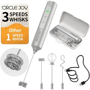 CIRCLE JOY Rechargeable Handheld Milk Frother Wand with 3 Variable Speeds, 3 Whisks and Storage Box, Electric Drink Mixer for Latte, Cappuccino, Hot Chocolate, Eggs and Protein Powder, Silver