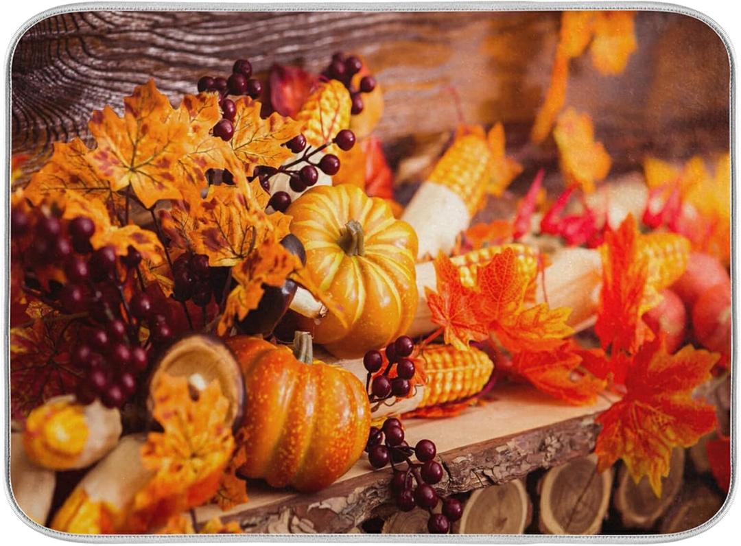 Thanksgiving Pumpkin Dish Drying Mats for Kitchen Counter Fall Harvest Maple Leaves Dry Dishes Mat Microfiber Dry Pad Ultra Absorbent 18x24Inch Reversible Drying Drainer Sink Mat