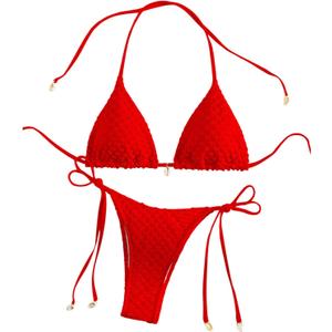 SHENHE Women's 2 Piece Halter Swimsuit Textured Tie Side Triangle Bikini Bathing Suit Shell Decor Red, Small