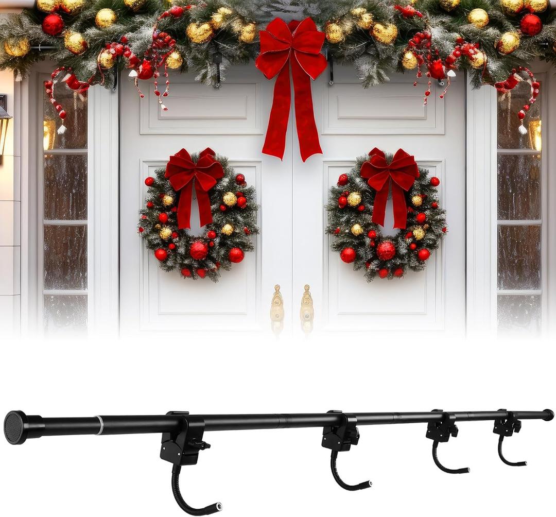 Moxweyeni Front Door Garland Hanger, Adjustable Width 31.5"-94.5", Stainless Steel Christmas Decoration Holder Garland Hanger for Door Frame Doorway Wreath Lights Outdoor, No Screws or Nails