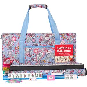 ZGME American Mahjong Set, 166 White Tiles with Printed Rectangular Bag and Accessories, 4 All-in-One Mahjong Racks with Pushers,Complete Western Mahjong Set