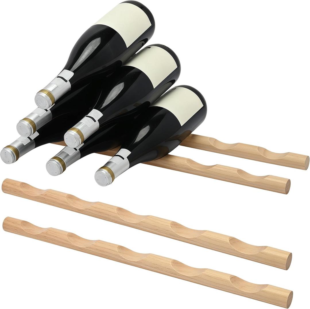 4 Pack Stackable Solid Wood Wine Rack, Compact Countertop Wine Bottle Holder, Storage Organizer Display Shelf for Cabinet, Fridge, Tabletop, Bar, 19.29" x 1" (5 Grooves per Rack)