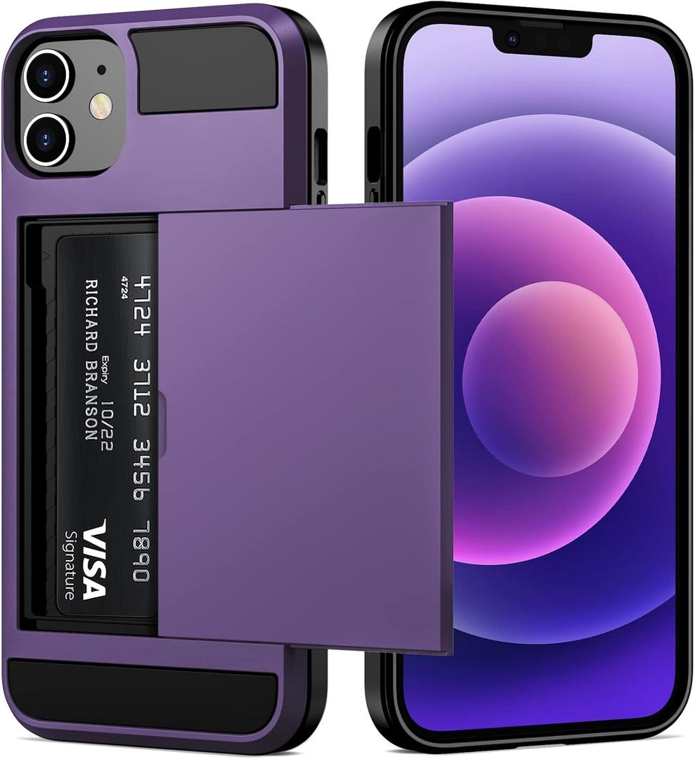 Vofolen for iPhone 12 Case Wallet Credit Card Holder ID Slot Sliding Door Hidden Pocket Men Women Anti-Scratch Dual Layer Hybrid Bumper Armor Protective Shell Back Cover for iPhone 12 6.1" GreyPurple