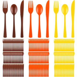Minatee 180 Pcs Thanksgiving Plastic Silverware Heavy Duty Cutlery Sets Disposable Utensils for Holiday Easter Autumn Fall Party Supplies, 60 of Each Forks Knives Spoons (Brown, Orange, Yellow)