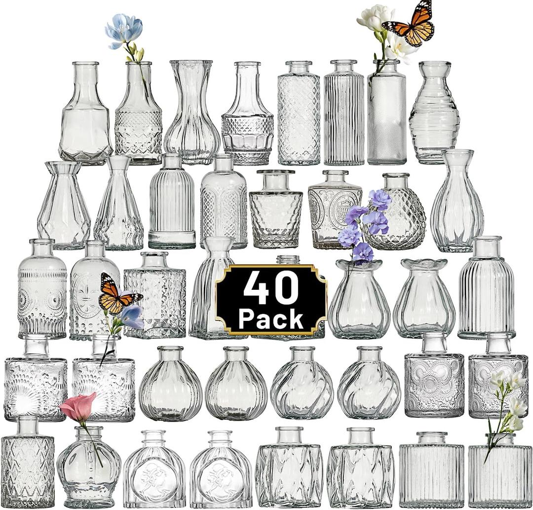 Glass Bud Vase Set of 40 Pcs Small Minimalist Vases for Flowers, Vintage Rustic Home Decor for Table Centerpiece Wedding Party, Modern Clear Aromatherapy Bottle for Living Room Bedroom