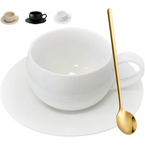 ARISKEY Latte Art Cup with Saucer,9.5OZ/280ml Ceramic Cute Cup with Coaster for Tea, Milk and Latte Art,Dishwasher and Microwave Safe(Pure White)