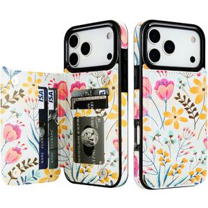 HAOPINSH Wallet Case with Card Holder for iPhone 17 Pro Max, Floral Flower Pattern Back Flip Folio PU Leather Kickstand Card Slots Case for Women Girls Shockproof Cover 6.9"