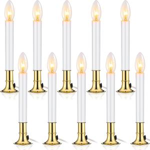 Coume 10 Pcs Electric Sensor Window Candles Lights with Brass Plated Base and Suction Cups Sensor Turns Candle Off at Light on in Dark Stick Plug for Windows, White, Gold