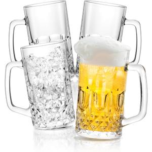 Whisquor Beer Mug Set of 4, 22oz Large Heavy Glass Beer Mugs with Handle, Clear Freezer Beer Glasses for Tea, Coffee, Best Gifts for Dad Husband or Friend