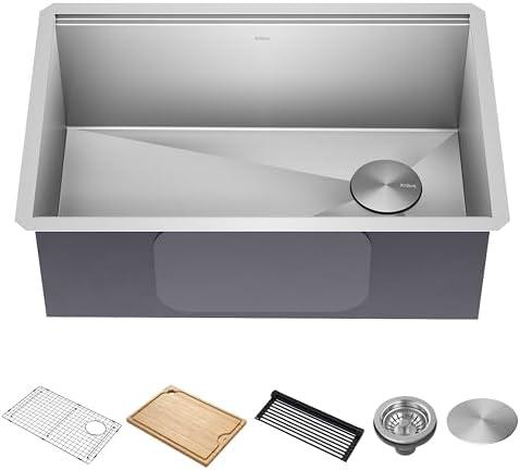 KRAUS Kore 28-Inch Undermount Workstation 16 Gauge Single Bowl Stainless Steel Kitchen Sink with Accessories, KWU110-28, Black Case Did Not Open