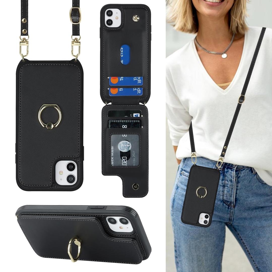 Lipvina for iPhone 11 Phone Case with Card Holder and Strap for Women,Crossbody Lanyard,RFID Blocking,Kickstand Ring Stand,Snap Clasp,Phone Wallet Cases 6.1"(Black)