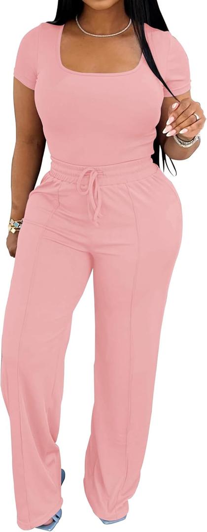 PINSV Women's 2 Piece Outfits Lounge Short Sleeve Tops High Waisted Wide Leg Pants Tracksuit Sets Pink L
